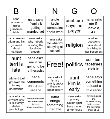 family thanksgiving 😍🔫 Bingo Card