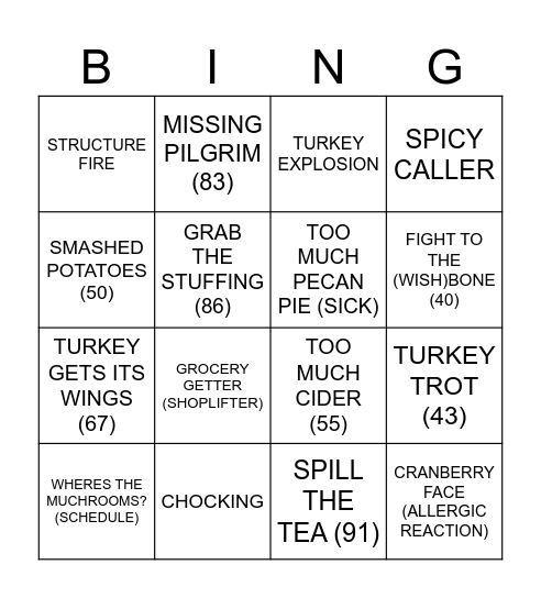 TURKEY DAY Bingo Card