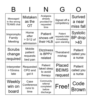 Physiotherapy Bingo Card