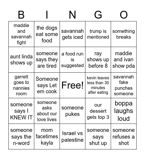 Tanksgiving Bingo Card