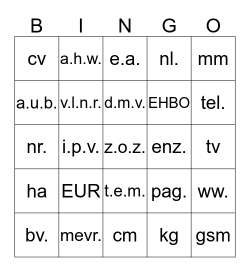 Afkortingen Bingo Card