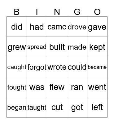 Irregular Verbs Bingo Card