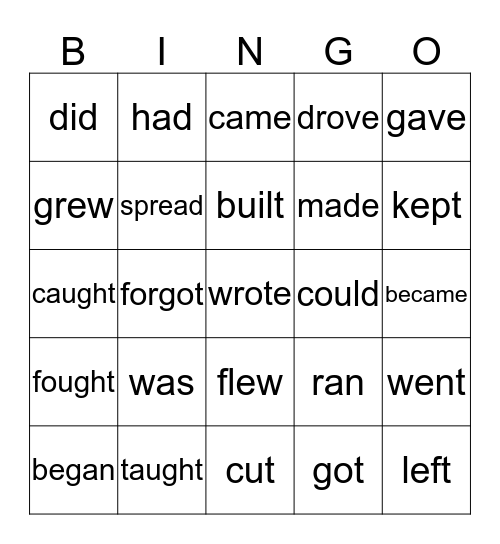 Irregular Verbs Bingo Card