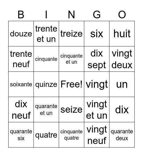 Les Nombres 0 - 69 Bingo Card
