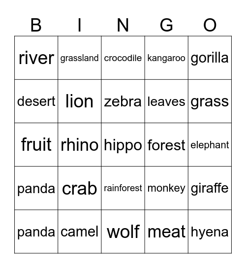 Wild Animals Bingo Card