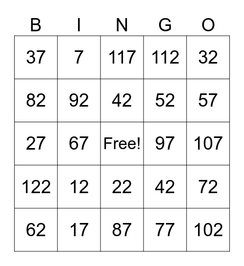 5 times table Bingo Card