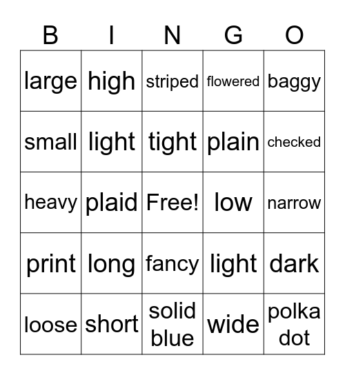 CLOTHING Bingo Card
