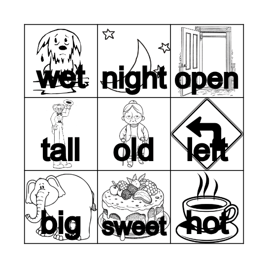 Opposites Bingo Card