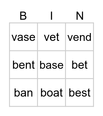 V / B Bingo Card
