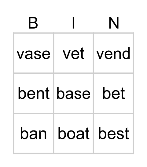 V / B Bingo Card