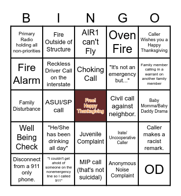Call Taking Thanksgiving BINGO Card