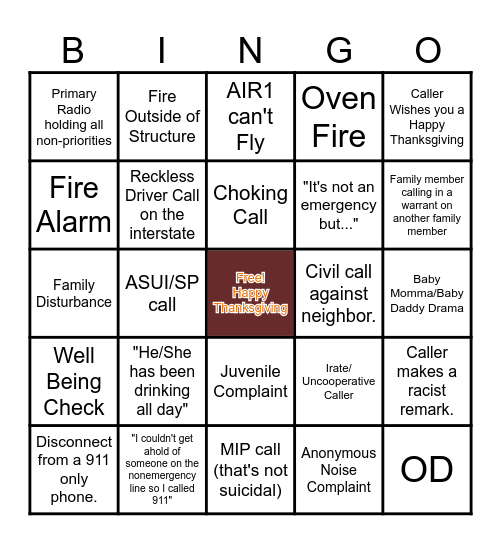 Call Taking Thanksgiving BINGO Card