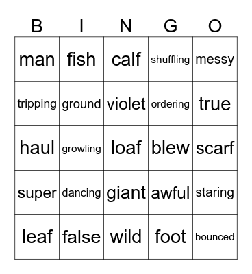 Nouns, Verbs, Adjectives Bingo Card