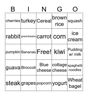 nutrition Bingo Card