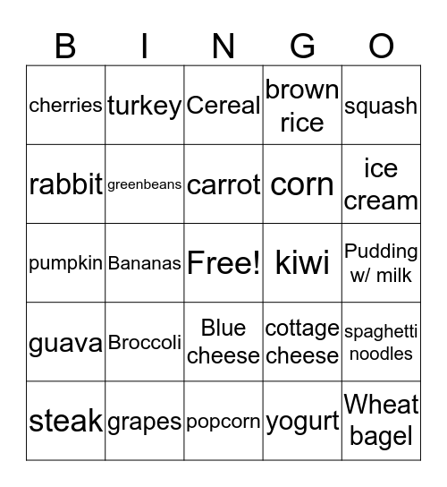 nutrition Bingo Card