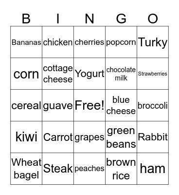 nutrition Bingo Card