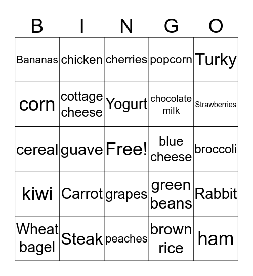 nutrition Bingo Card