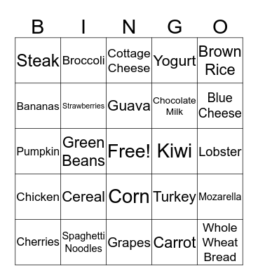 Nutrition Bingo Card