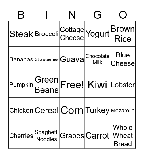 Nutrition Bingo Card