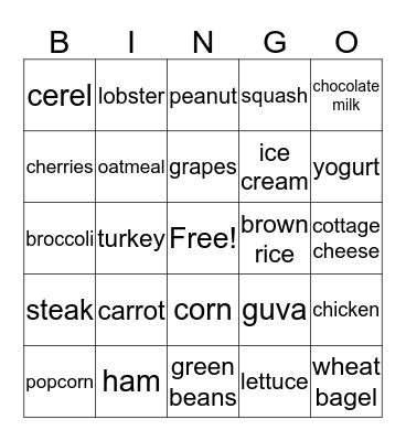 Nutrition  Bingo Card