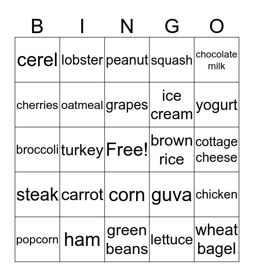 Nutrition  Bingo Card