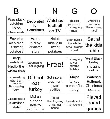 Thanksgiving Break Bingo Card