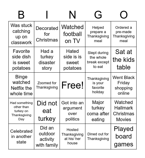 Thanksgiving Break Bingo Card