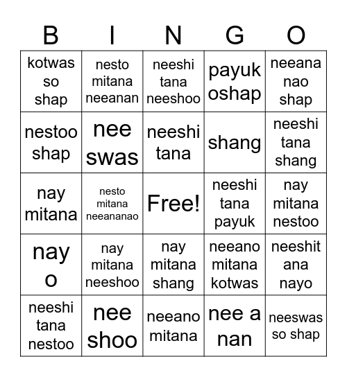 N dialect numbers 1-50 Bingo Card