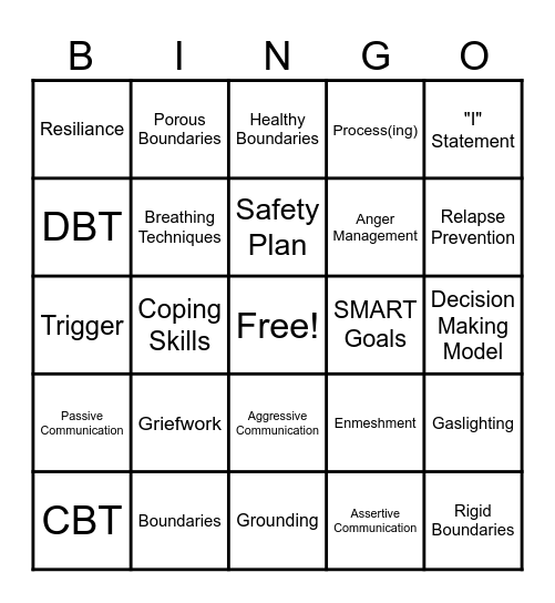 Therapy Terms Bingo Card