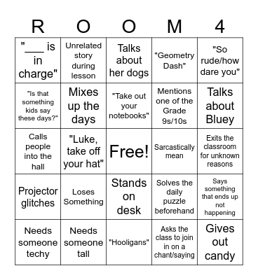 Room 4 Bingo Card