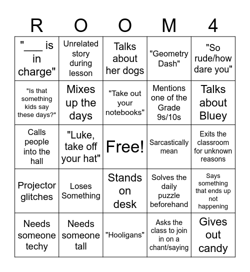 Room 4 Bingo Card