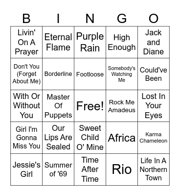 1980s Music Bingo Card