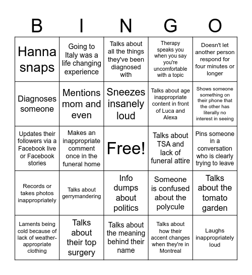 We All Wish We Could Rest in Peace Bingo Card