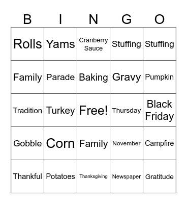 Thanksgiving BINGO Card