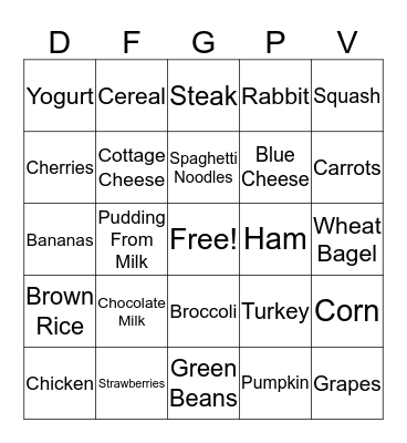 Nutrition Bingo Card