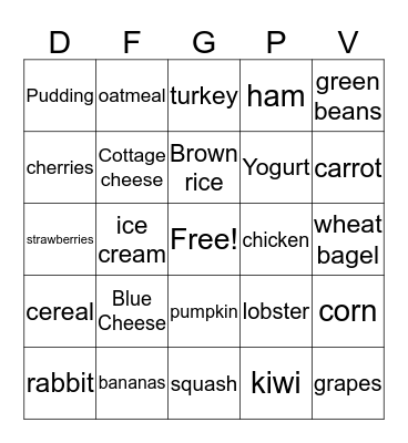 Nutrition BINGO Card