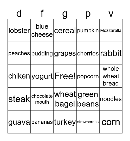 nutrition Bingo Card