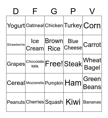 Nutrition Bingo Card