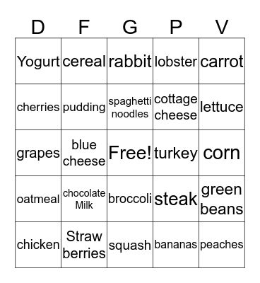 Nutrition Bingo Card