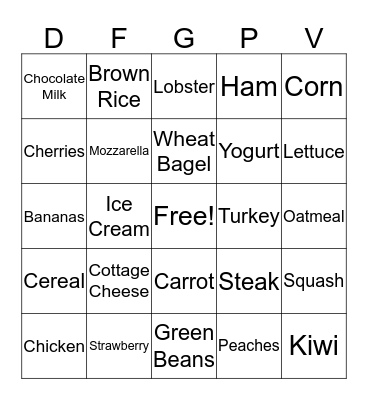 Nutrition Bingo Card