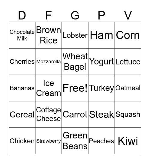 Nutrition Bingo Card