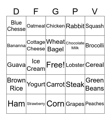 Nutrition Bingo Card