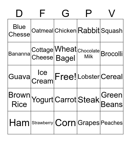 Nutrition Bingo Card