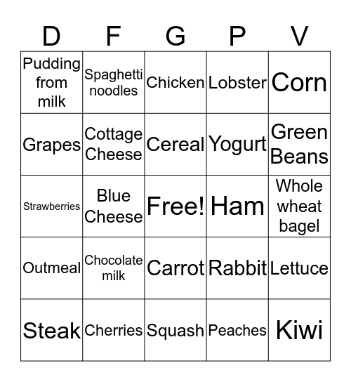 Nutrition Bingo Card