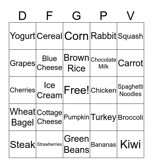 Nutrition BINGO Card