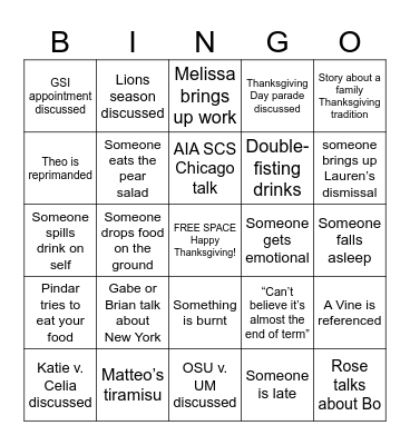 Friendsgiving 2k23 Bingo Card