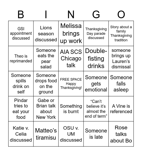 Friendsgiving 2k23 Bingo Card