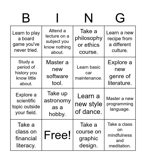 2024 Learning New Things Bingo Card