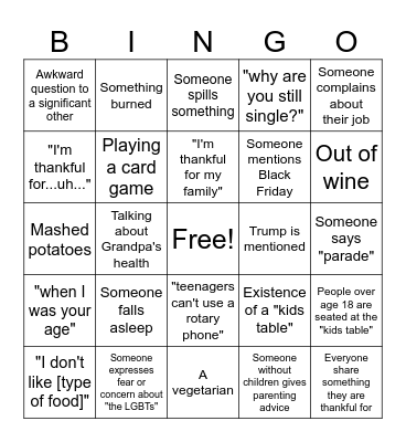 Family Thanksgiving Bingo Card