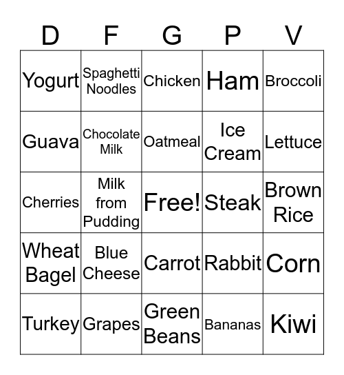 Nutrtion Bingo Card